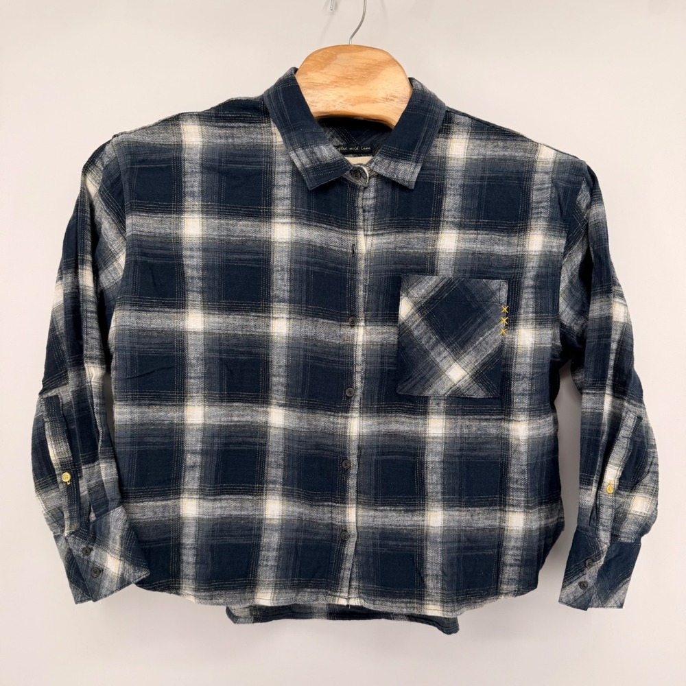 Scotch & Soda Flannel Shirt Womens L Black Plaid Cropped Boxy Y9B00694 Cotton
